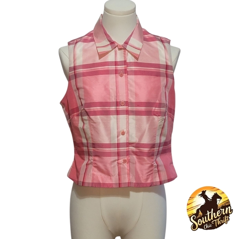 EMANUEL UNGARO -  Size 6 Pink Plaid Button Down Sleeveless Top